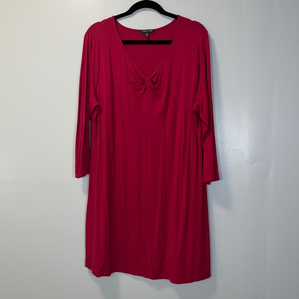 Eileen Fisher Womens‎ XL Raspberry Red Twist Front V-Neck Tunic Dress T1488M